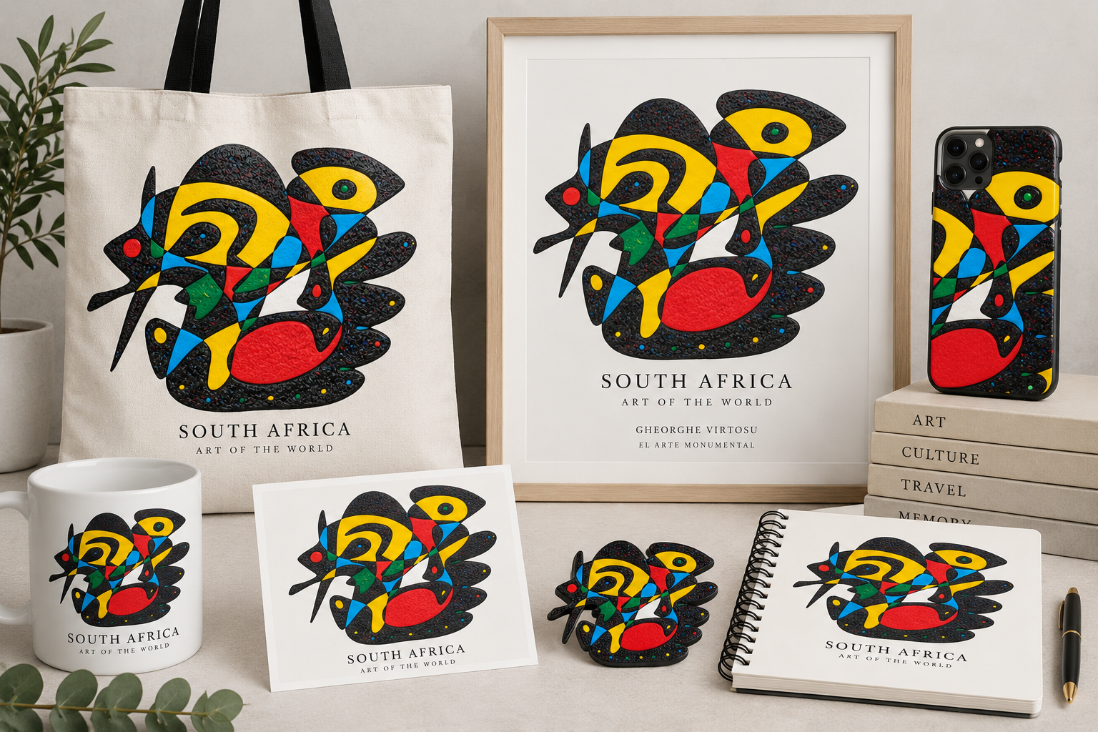 Opera dedicata al Sudafrica di Gheorghe Virtosu presente su diversi oggetti culturali e turistici