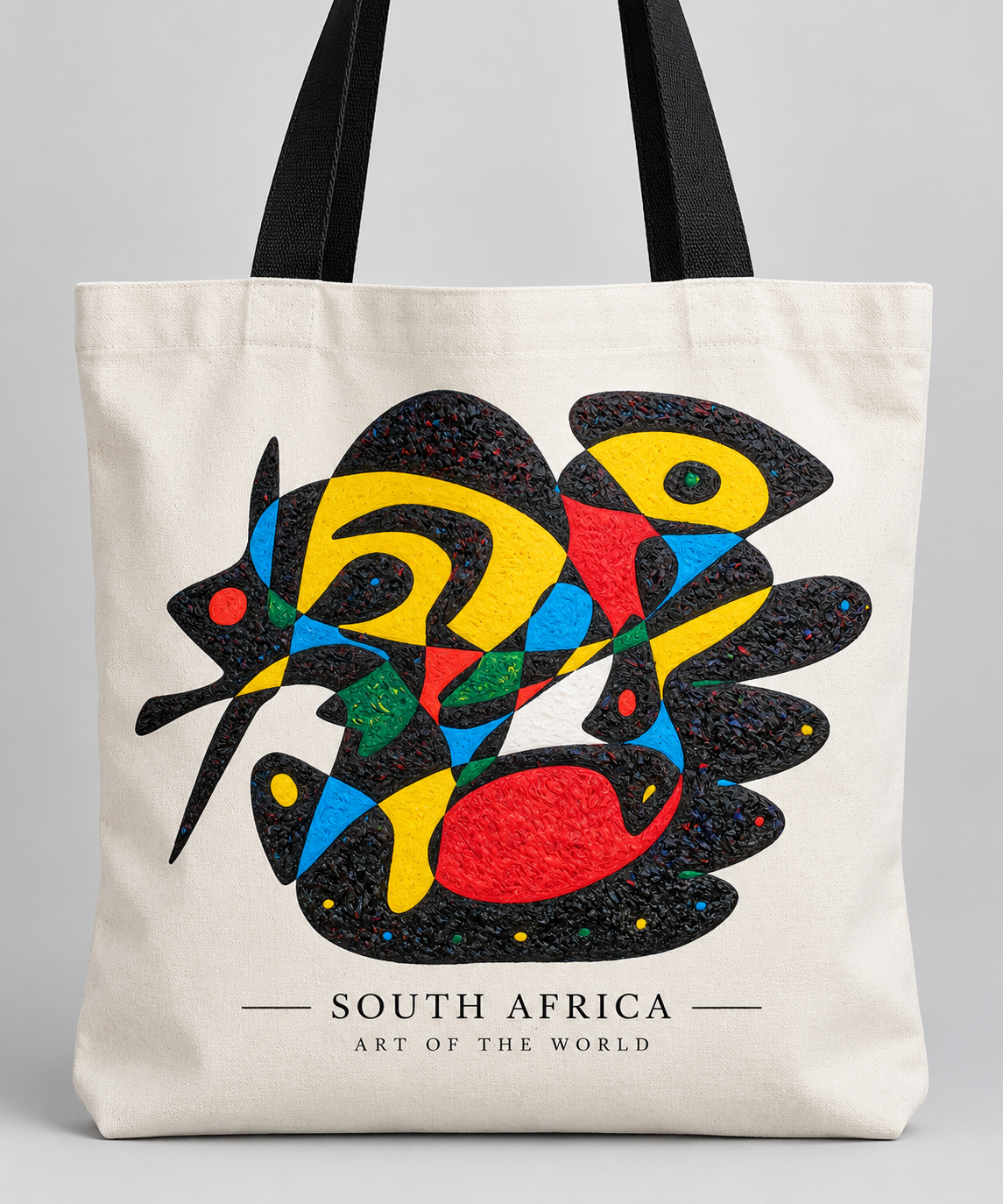 Opera dedicata al Sudafrica di Gheorghe Virtosu su una borsa in tela