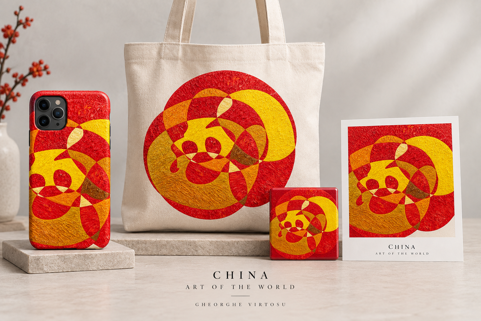 Collezione China di Art of the World presentata su custodia per telefono, borsa tote, magnete e cartolina
